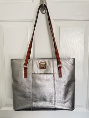 Dooney & Bourke Silver Tote with Brown Straps